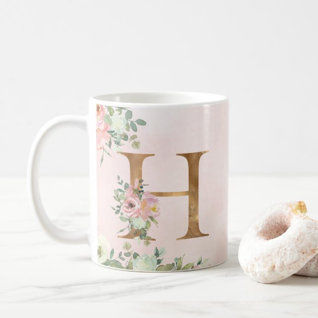 Caneca De Café Monograma Floral Rosa Elegante H Café Mug (Com Donut)
