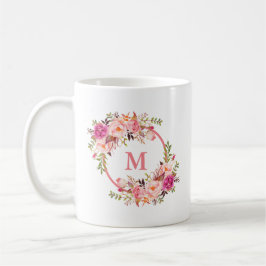 Caneca De Café Monograma Floral Rosa em Aquarela