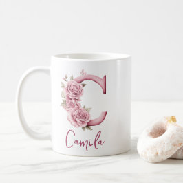 Caneca De Café Monograma Floral Rosa Espelho Personalizado C