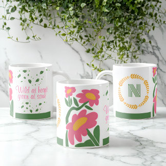 Caneca De Café Monograma Floral - Selvagem no Coração, Verde na A