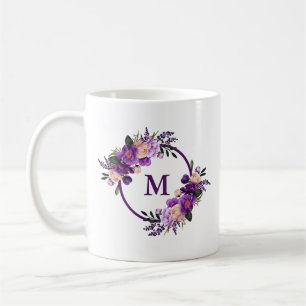 Caneca De Café Monograma floral ultravioleta roxo da aguarela