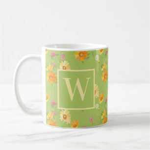 Caneca De Café Monograma Floral Verde de Flor Selvagem Personaliz