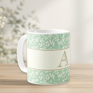 Caneca De Café Monograma Floral Verde Elegante