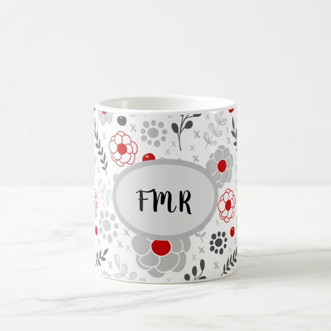 Caneca De Café Monograma Floral Vermelho da Cinza Moderna (Centro)