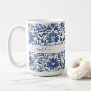 Caneca De Café Monograma Floral Vintage Azul