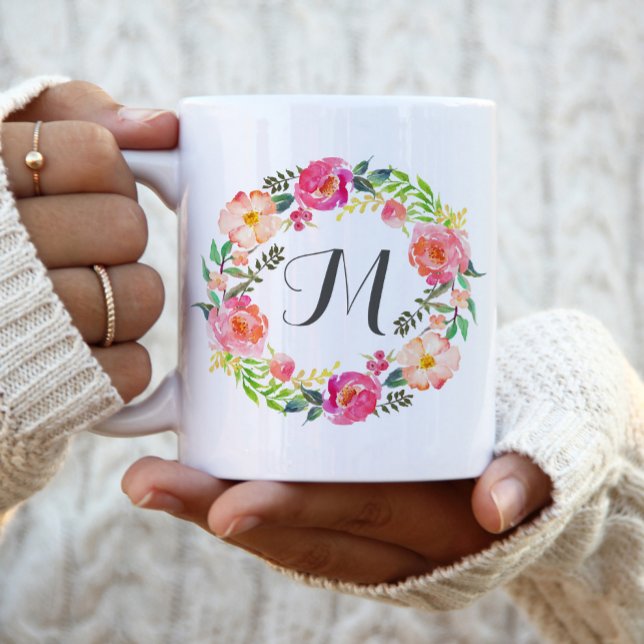 Caneca De Café Monograma Floral Wreath,Bridesmaid-2 (Criador carregado)