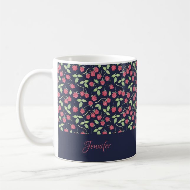 Caneca De Café Monograma | Flores De Framboesa Azul Personalizada (Esquerda)