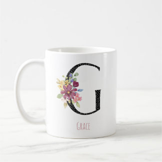Caneca De Café Monograma G de Aquarela Floral com Pontos Pretos