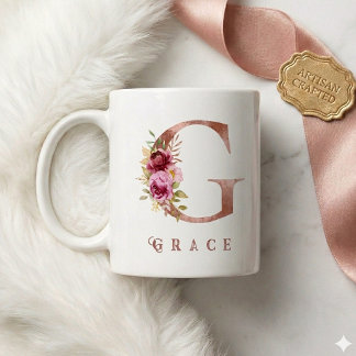 Caneca De Café Monograma G Floral em Ouro Rosa Personalizado