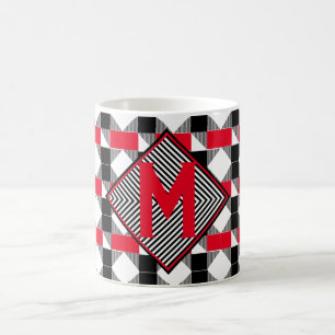Caneca De Café Monograma geométrico, vermelho e preto moderno, in
