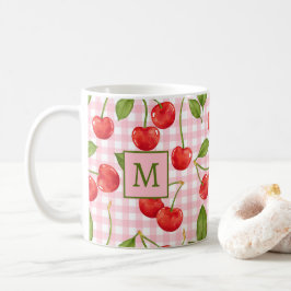 Caneca De Café Monograma - Gingham Rosa e Cereries Mug