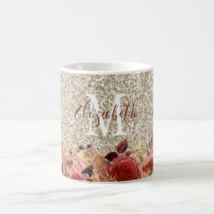 Caneca De Café Monograma Girly Rosa Dourada Floral Luz Dourada