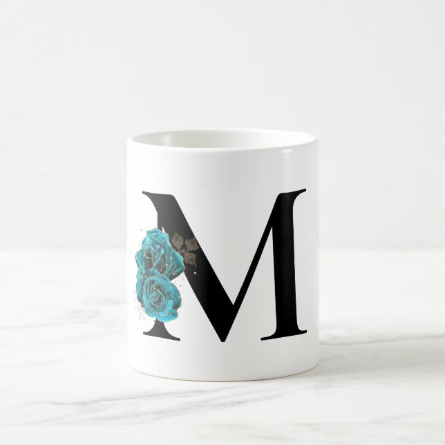 Caneca De Café Monograma Glam Floral Brilhante Dourado em Azul Te (Centro)