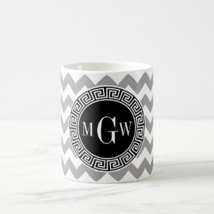 Caneca De Café Monograma grego preto branco cinzento da chave 3