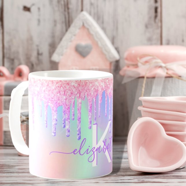 Caneca De Café Monograma holográfico cor-de-rosa (Criador carregado)