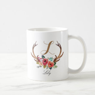 Caneca De Café Monograma, horn-3 de veados florais personalizados