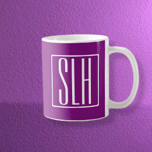 Caneca De Café Monograma Inicial 3 Bold Moderno   Branco e Roxo