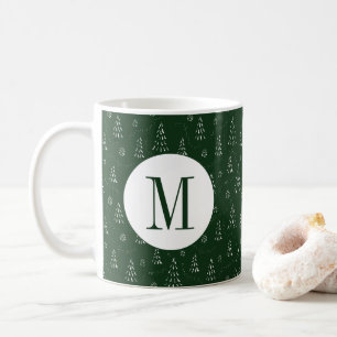 Caneca De Café Monograma inicial de árvore de pinheiro verde