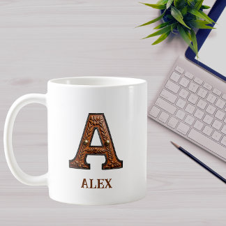 Caneca De Café Monograma Inicial de Couro Ocidental Trabalhado A