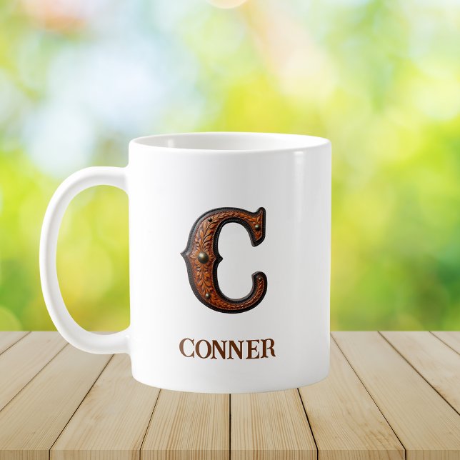 Caneca De Café Monograma Inicial de Couro Ocidental Trabalhado C (Criador carregado)