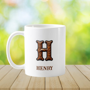 Caneca De Café Monograma Inicial de Couro Ocidental Trabalhado H