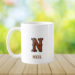 Caneca De Café Monograma Inicial de Couro Ocidental Trabalhado N