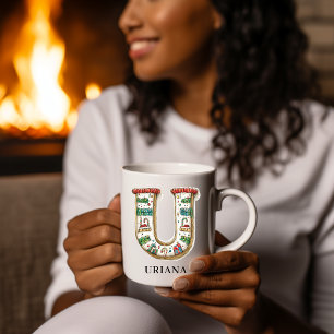 Caneca De Café Monograma Inicial de Natal Personalizado U