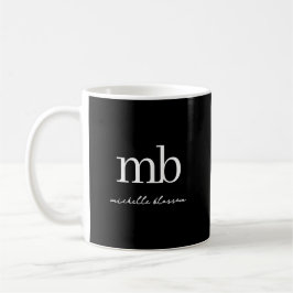 Caneca De Café Monograma Inicial de Script de Tendência Preto Mod