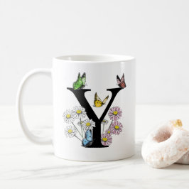 Caneca De Café Monograma Inicial Floral Borboleta Letra Y    