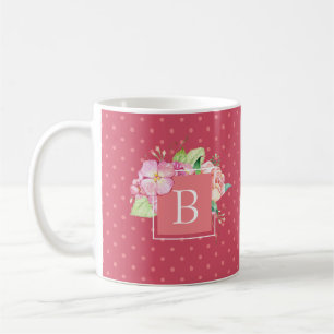 Caneca De Café Monograma Inicial Floral Feminina em Aquarela Rosa