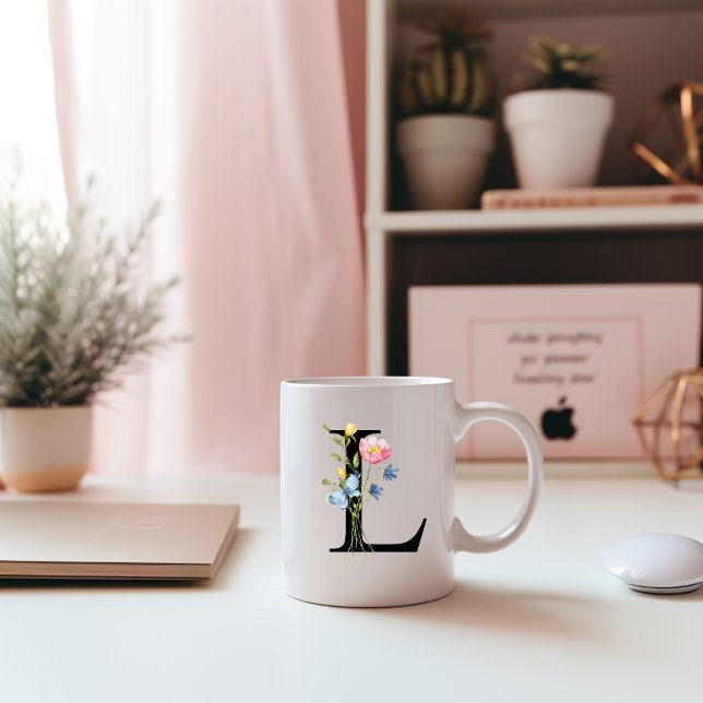 Caneca De Café Monograma inicial floral L Mug (Criador carregado)