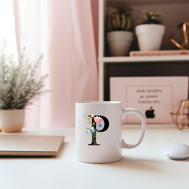 Caneca De Café Monograma Inicial Floral P Mug (Criador carregado)