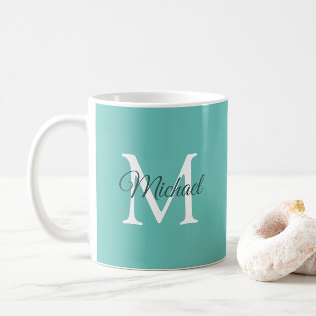 Caneca De Café Monograma inicial Modelo Teal White Trendy Modern (Com Donut)