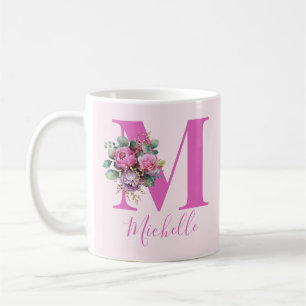 Caneca De Café Monograma Inicial Nome Floral Rosa em Aquarela