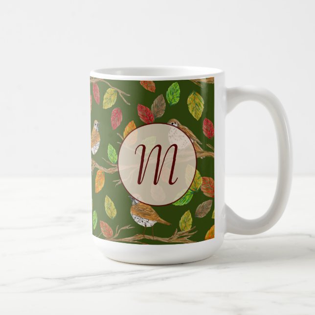 Caneca De Café Monograma inicial personalizado com pássaros e fol (Direita)