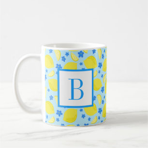 Caneca De Café Monograma inicial personalizado da flor azul-limão