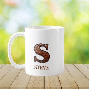 Caneca De Café Monograma Inicial S de Couro Ocidental Trabalhado