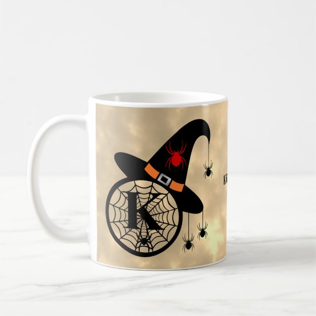 Caneca De Café Monograma K Halloween Sky Witeen Nome das Aranhas (Esquerda)