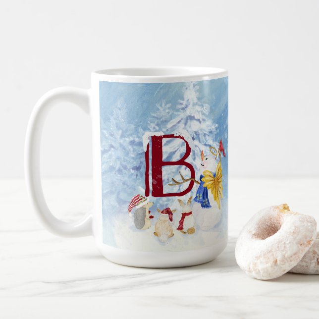 Caneca De Café Monograma - Letra B Angel Snowman Feliz Natal (Com Donut)