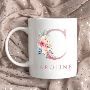 Caneca De Café Monograma - Letra C Floral Watercolor Mug Café
