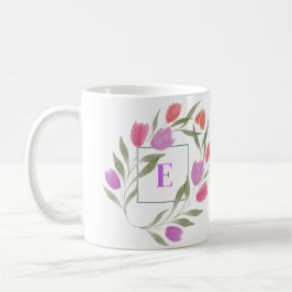 Caneca De Café Monograma - Letra E Púrpura e branca com flores