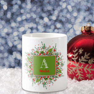 Caneca De Café Monograma - Letra elegante de Natal Vermelho Coffe