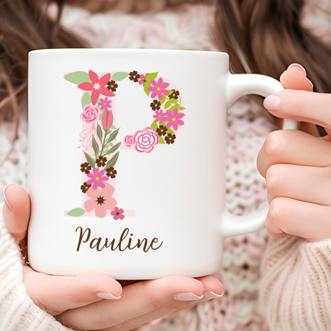 Caneca De Café Monograma - Letra floral P personalizada (Personalized Monogram Floral Letter P Coffee Mug)