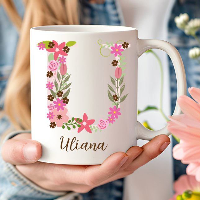 Caneca De Café Monograma - Letra floral U personalizada (Personalized Monogram Floral Letter U Coffee Mug)