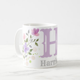 Caneca De Café Monograma - Letra H & Name com Flores