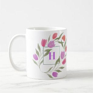 Caneca De Café Monograma - Letra H Púrpura e branca com flores