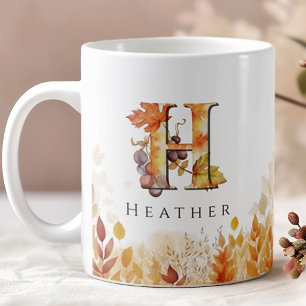 Caneca De Café Monograma - Letra Inicial H Folhas de outono