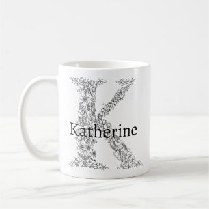 Caneca De Café Monograma - Letra K Preta - Branco, Forma Foral Bo