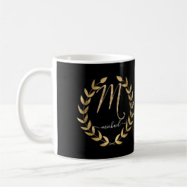 Caneca De Café Monograma - Letra M Script Preto n Nome Dourado