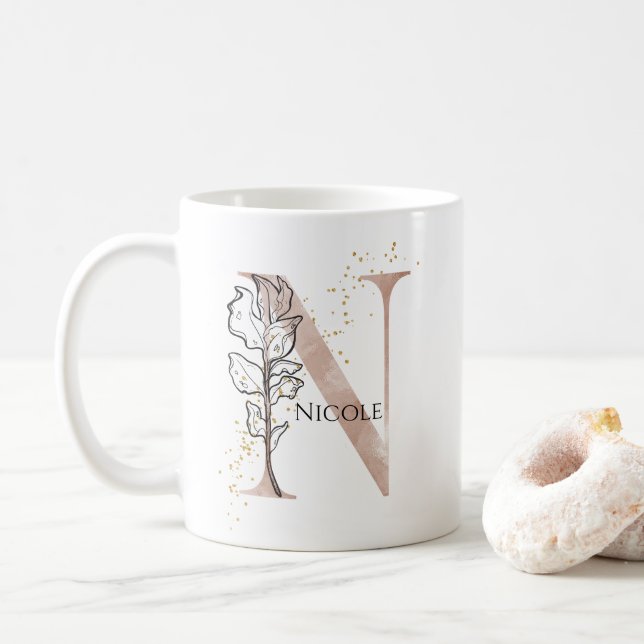 Caneca De Café Monograma - Letra Moderna Inicial N Boho Personali (Com Donut)